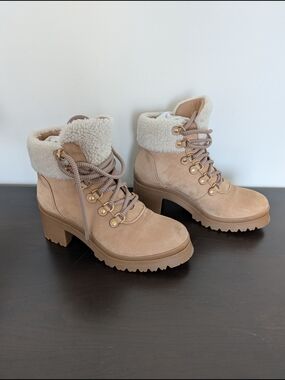 Adele Sherpa-Trim Lace-Up Chunky Heel Boots in Tan